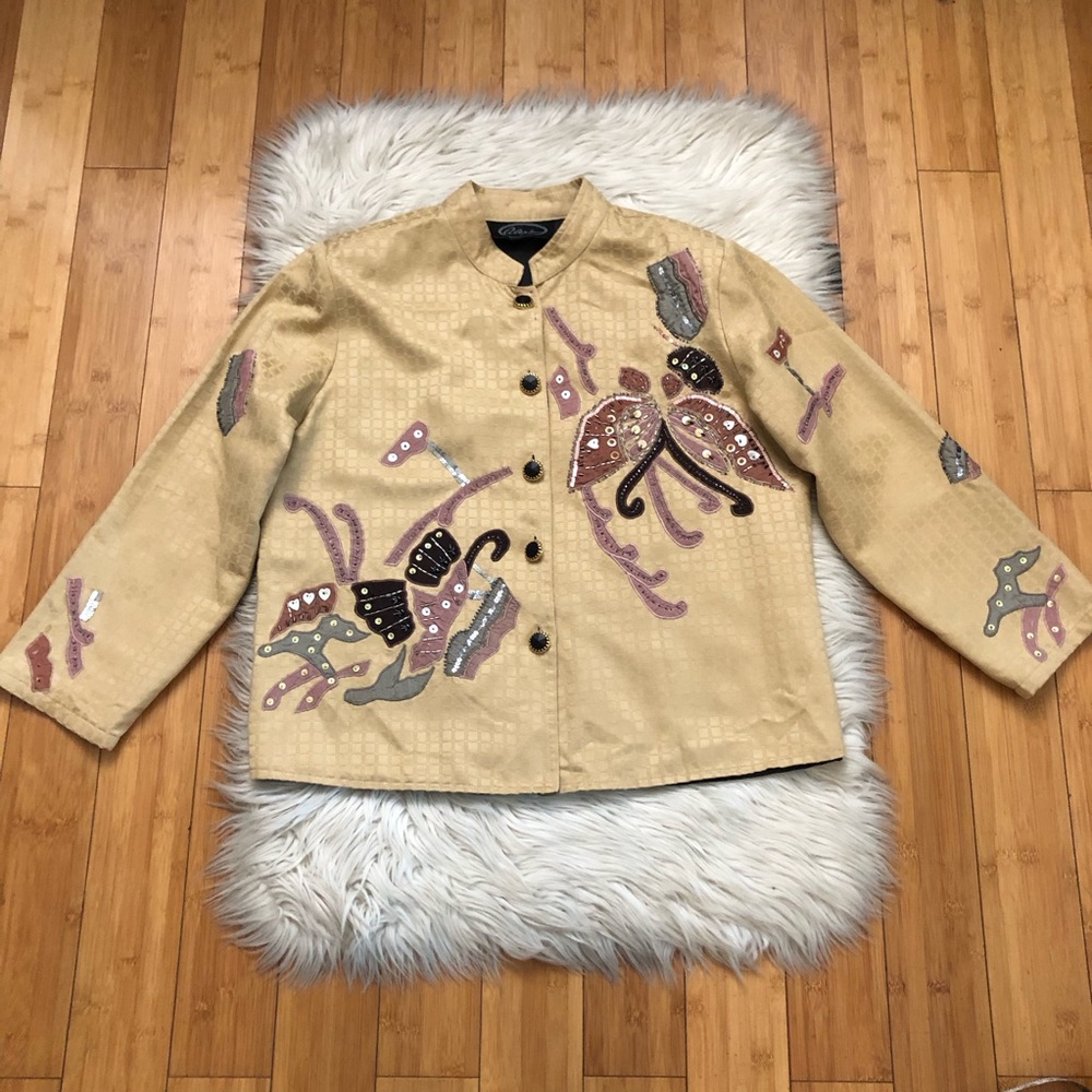Alex Kim Artsy Embroidered Beaded Sequins Abstract Textured Beige Jacket size XL